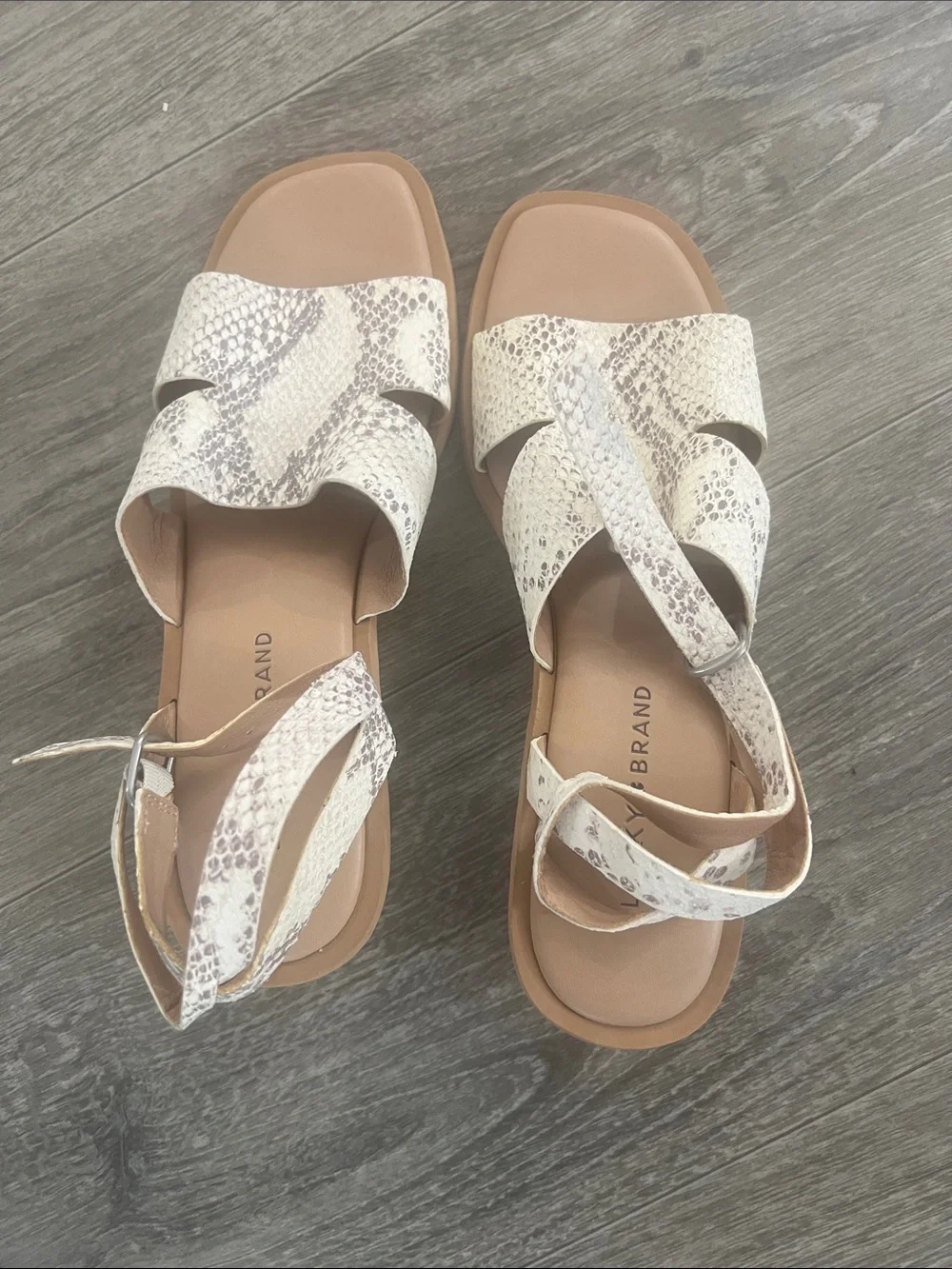 Lucky Brand White Snake-Print Strappy Sandals